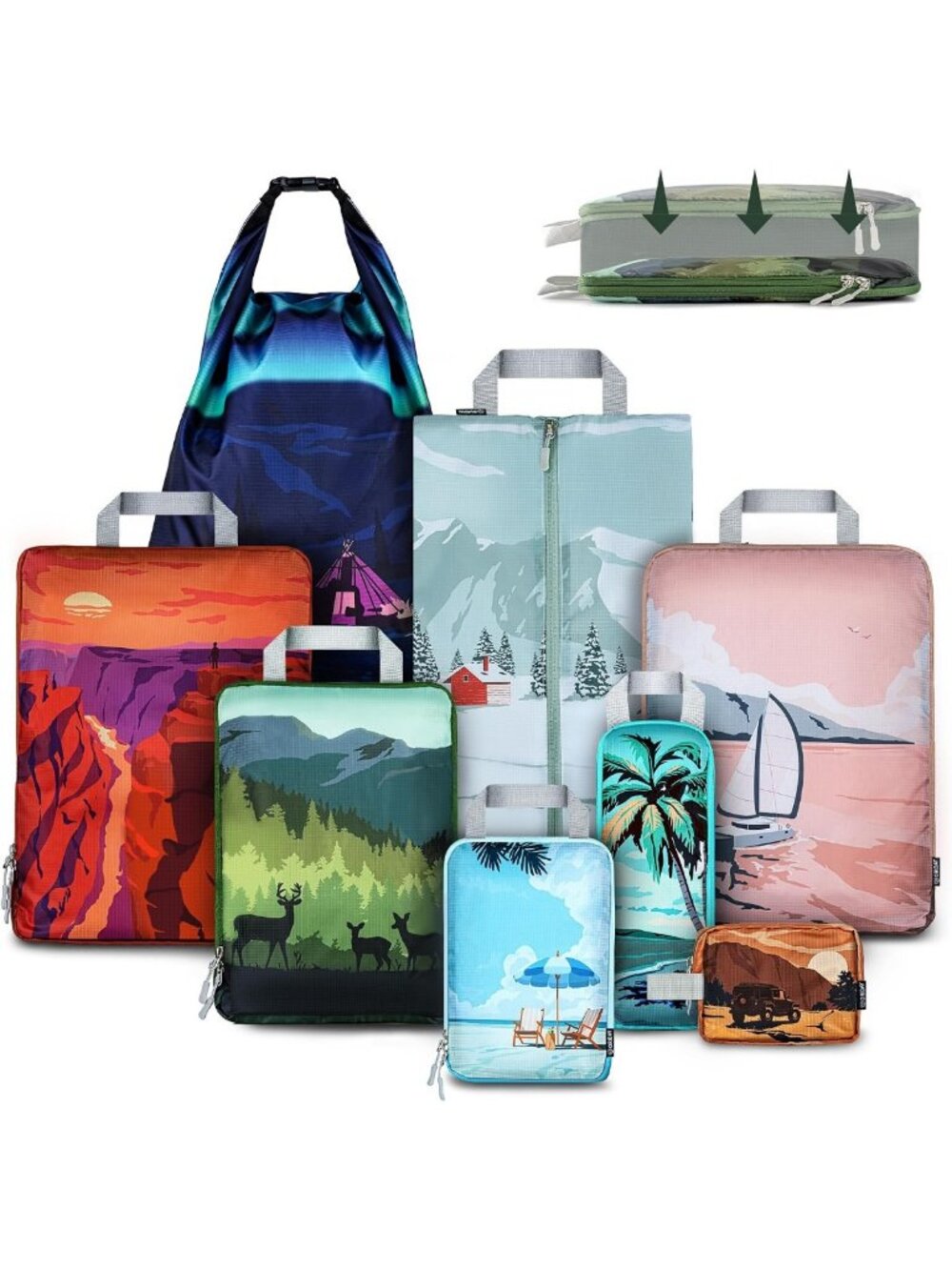 8-Piece Compression Packing Cubes Set for Travel - Expandable Organizers for
